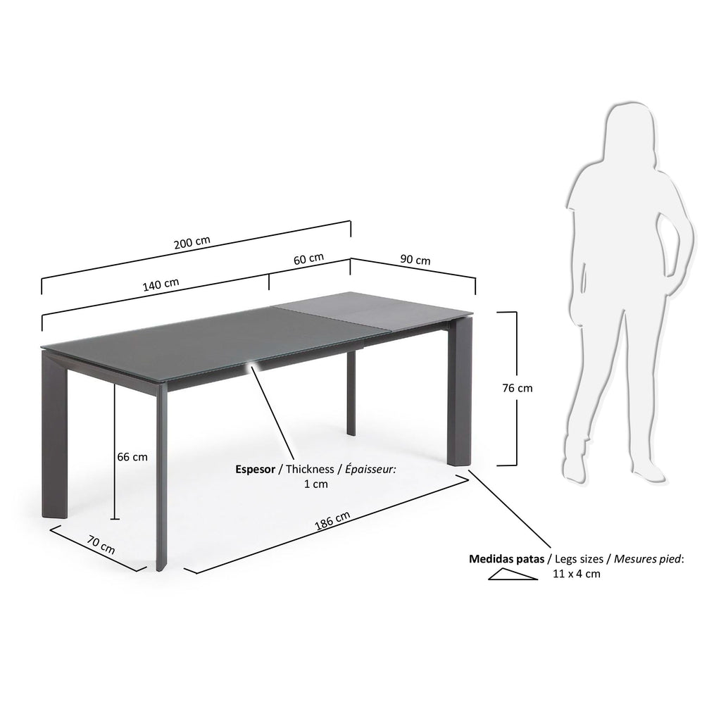 Table extensible Axis en verre gris et pieds en acier finition gris foncé 140 (200) cm
