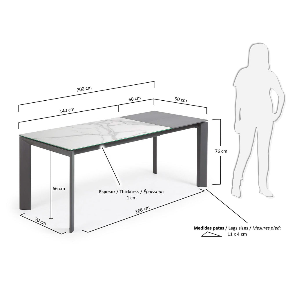 Table extensible Axis grès cérame finition Kalos blanche pieds gris foncé 140 (200) cm