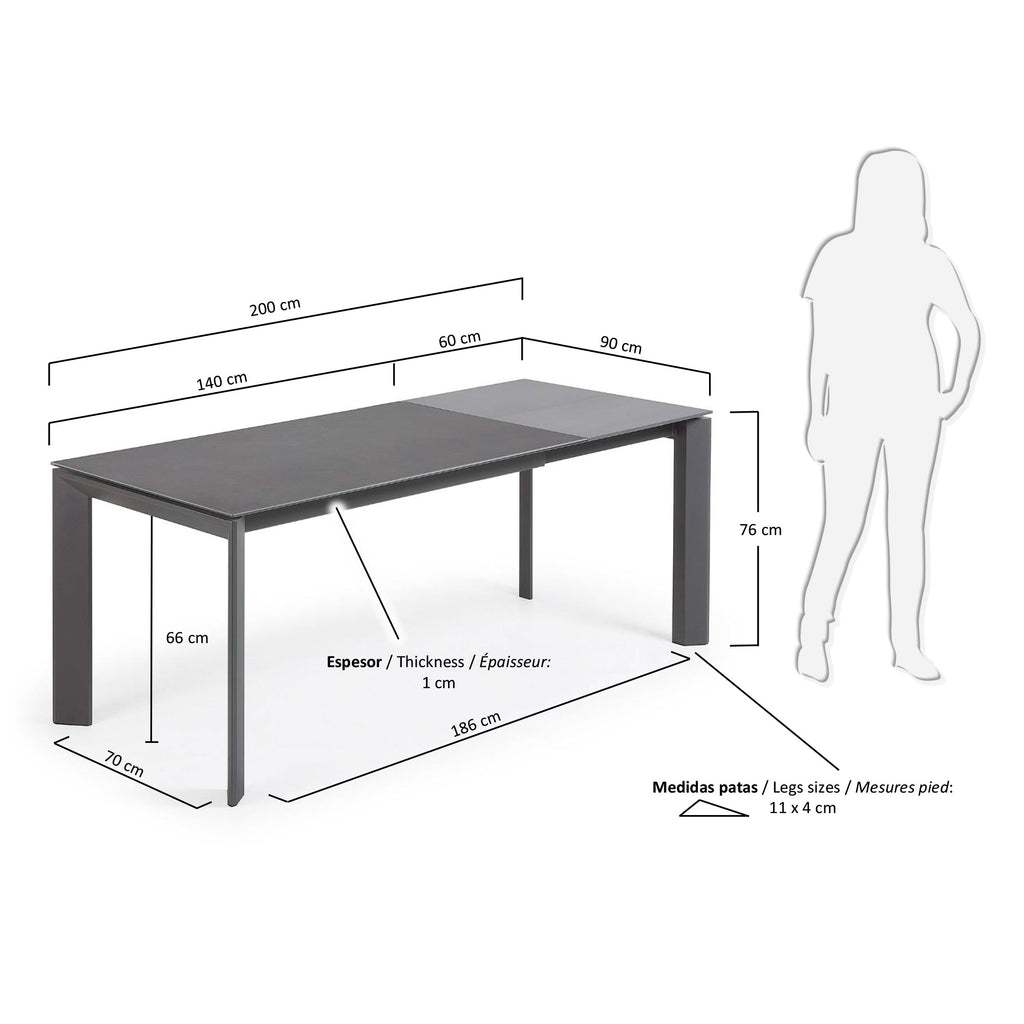 Table extensible Axis grès cérame finition Vulcano Roca pieds acier gris foncé 140 (200)cm