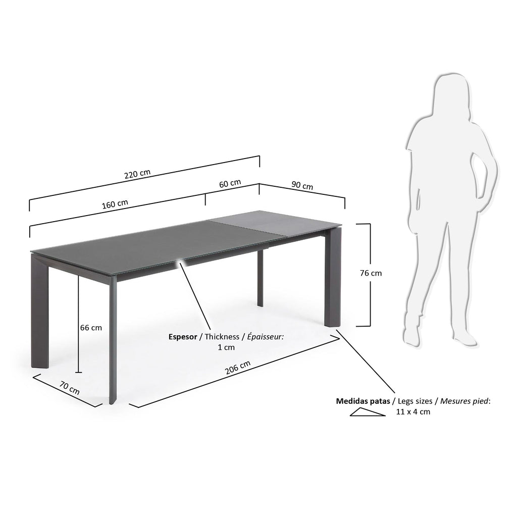 Table extensible Axis en verre gris et pieds en acier finition gris foncé 160 (220) cm