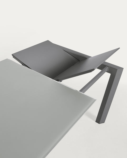 Table extensible Axis en verre gris et pieds en acier finition gris foncé 160 (220) cm