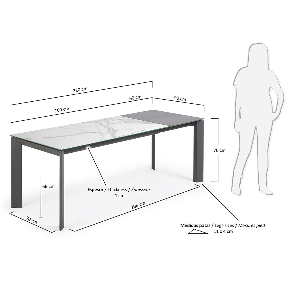 Table extensible Axis grès cérame finition Kalos blanche pieds anthracite 160 (220) cm