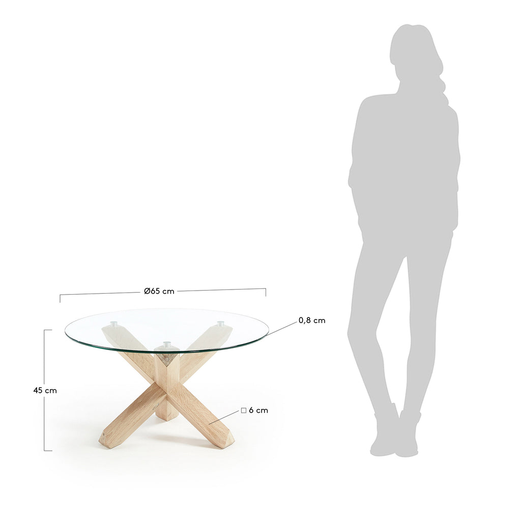 Table basse Lotus Ø 65 cm verre et pieds en chêne
