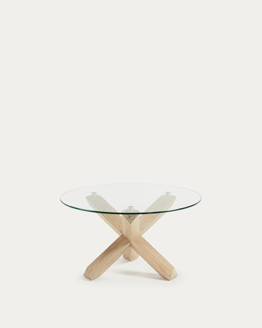 Table basse Lotus Ø 65 cm verre et pieds en chêne