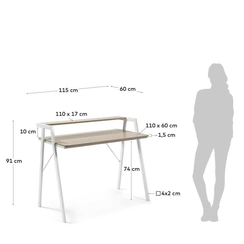 Table Aarhus en mélamine finition naturelle et pieds en acier blanc 115 x 60 cm