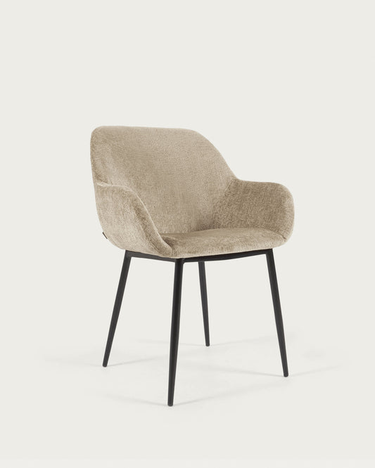 Chaise Konna en chenille beige avec pieds en acier peint noir