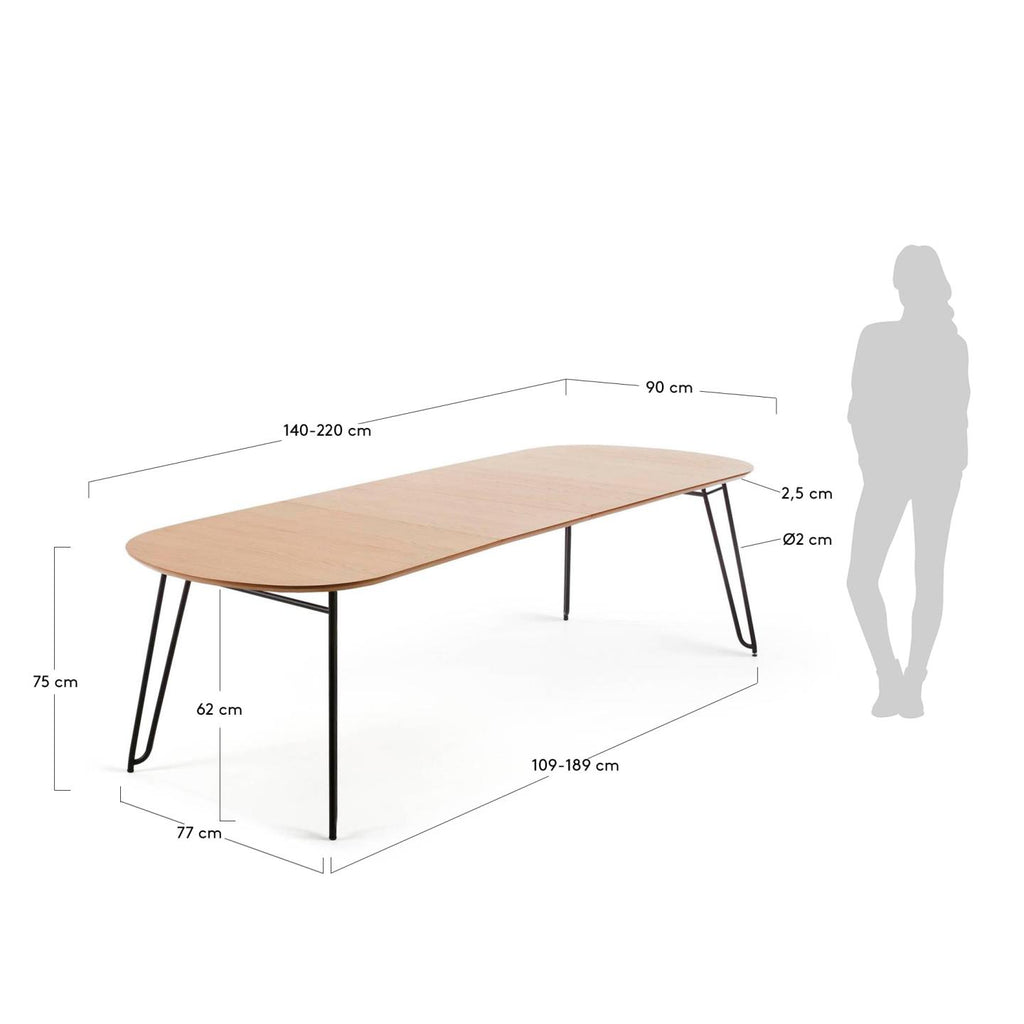 Table extensible Novac 140 (220) x 90 cm contreplaqué de chêne et pieds en acier noir