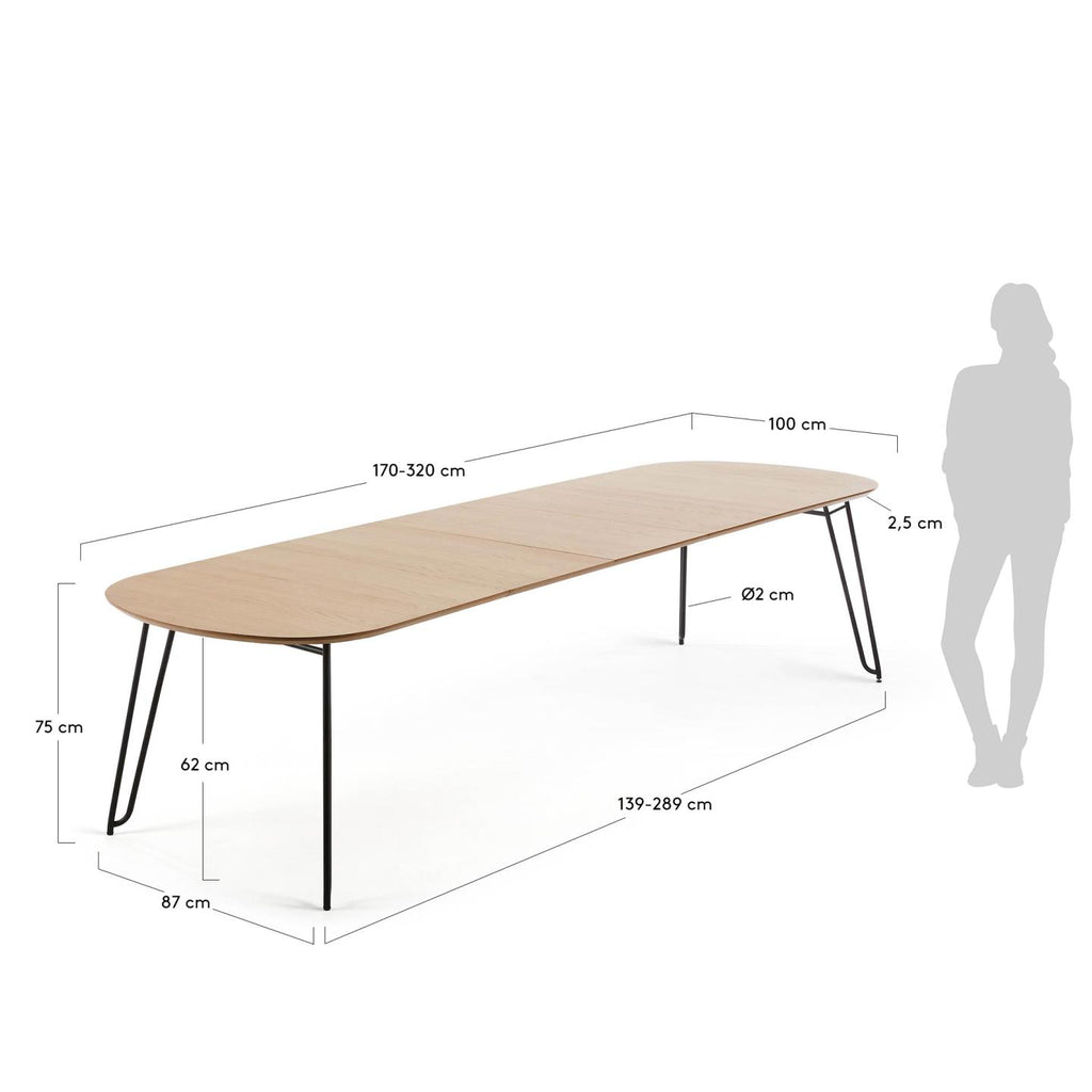 Table extensible Novac 170(320)x100 cm contreplaqué de chêne et pieds en acier noir