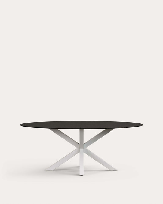 Table ovale Argo en verre noir mat et pieds en acier finition blanche Ø 200 x 100 cm