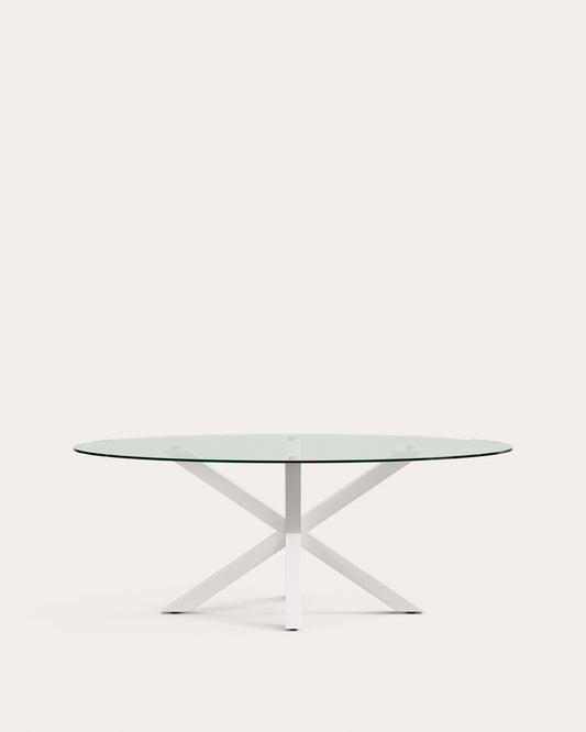 Table ovale Argo en verre et pieds en acier finition blanche Ø 200 x 100 cm