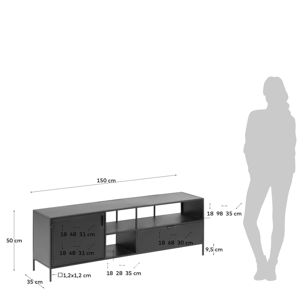 Meuble TV Shantay 1 porte et 1 tiroir en métal avec finition noire 150 x 50 cm