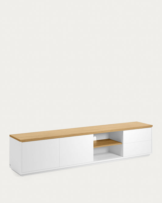 Meuble TV Abilen 2 portes et 2 tiroirs placage de chêne et laqué blanc 200x44 cm FSC 100 %