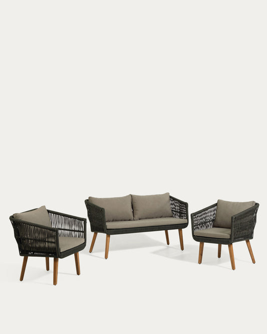 Ensemble de jardin Inti d’un canapé 2 places et 2 fauteuils en corde verte FSC 100 %