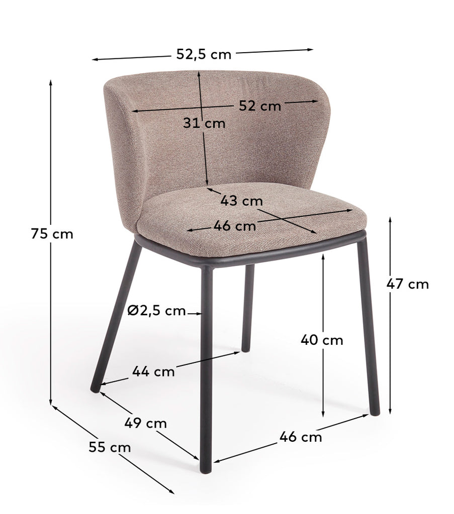 Chaise Ciselia en chenille marron clair et pieds en acier avec finition noire FSC Mix Credit