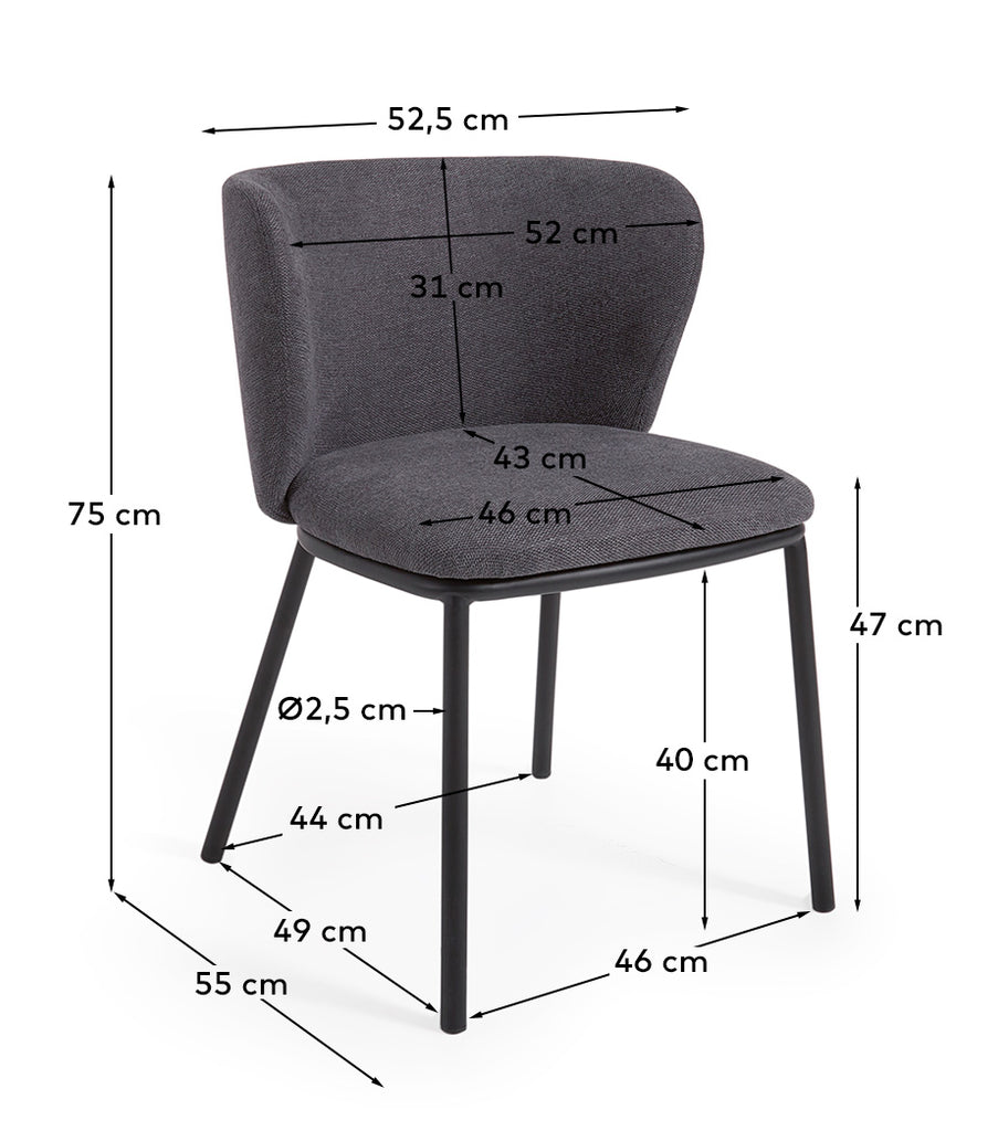 Chaise Ciselia en chenille gris foncé et pieds en acier avec finition noire FSC Mix Credit