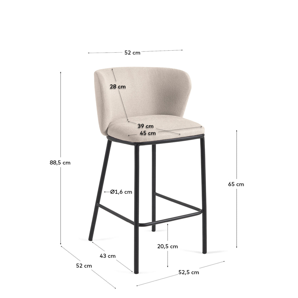 Tabouret Ciselia en chenille beige et pieds en acier noir hauteur 65 cm FSC Mix Credit