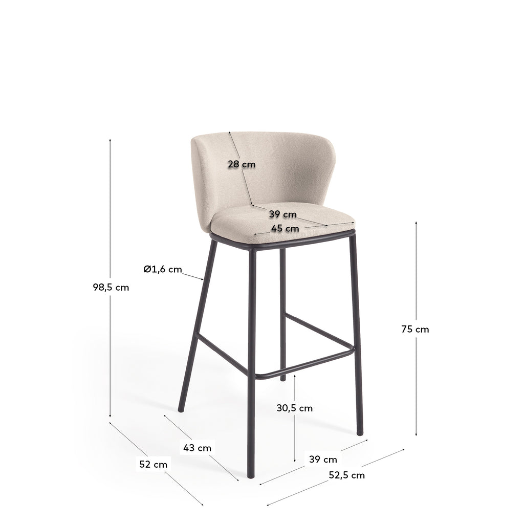 Ciselia stool in beige chenille and black steel legs height 75 cm FSC Mix Credit