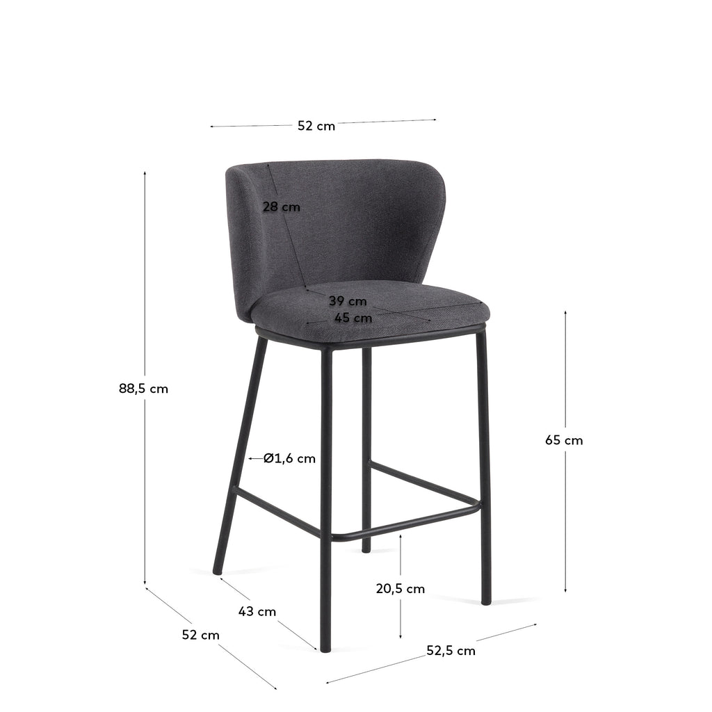 Tabouret Ciselia en chenille gris foncé et pieds en acier noir hauteur 65 cm FSC Mix Credit