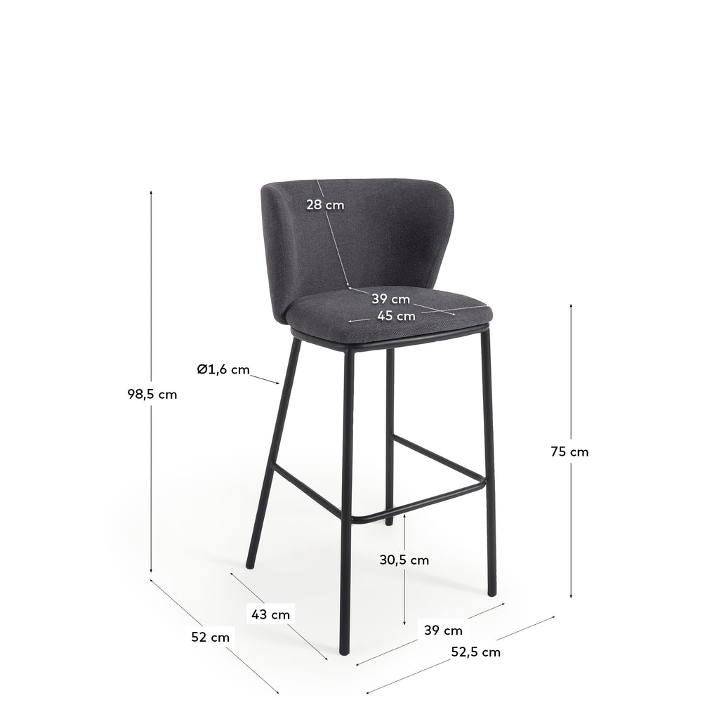 Tabouret Ciselia en chenille gris foncé et pieds en acier noir 75 cm FSC Mix Credit