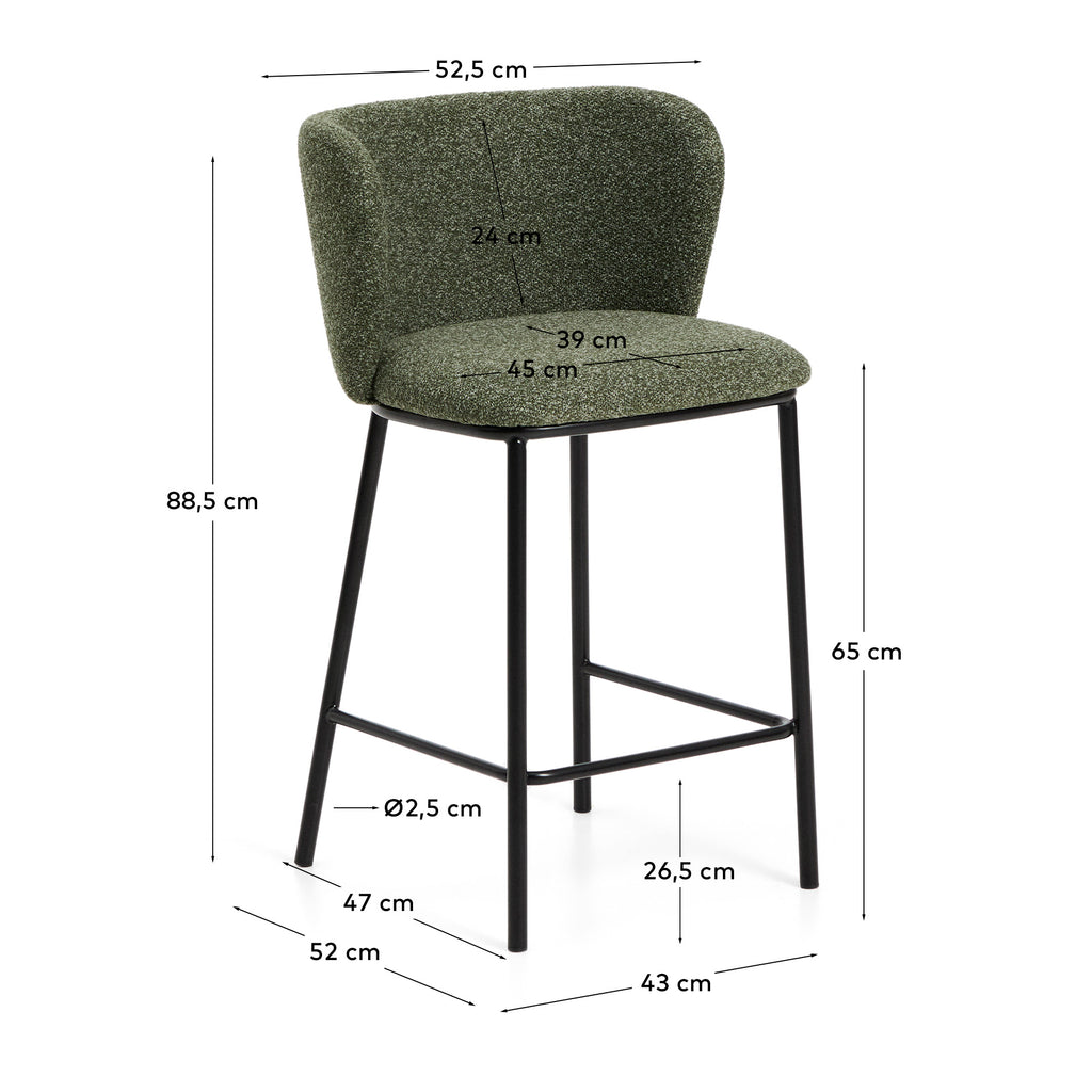 Tabouret Ciselia en chenille épaisse vert foncé et pieds en acier avec finition noire FSC Mix Credit 65 cm