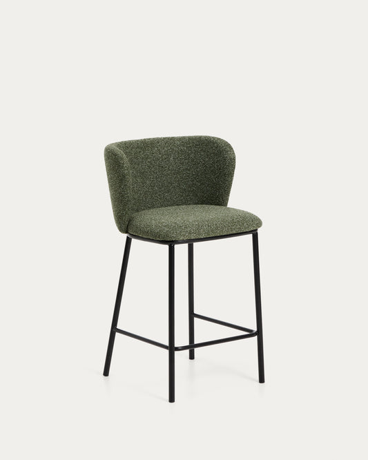 Tabouret Ciselia en chenille épaisse vert foncé et pieds en acier avec finition noire FSC Mix Credit 65 cm