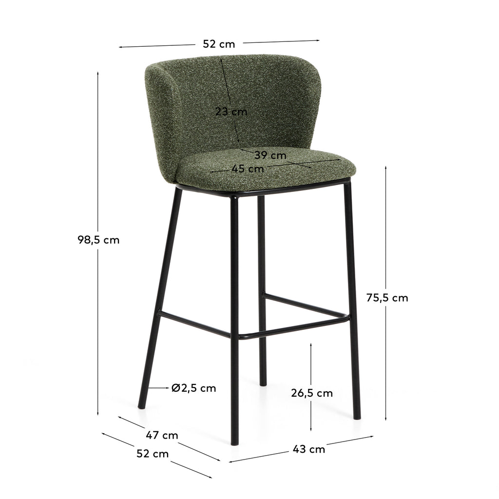 Tabouret Ciselia en chenille épaisse vert foncé et pieds en acier avec finition noire FSC Mix Credit 75 cm