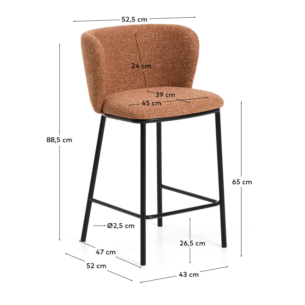 Tabouret Ciselia en chenille épaisse terracotta et pieds en acier avec finition noire FSC Mix Credit 65 cm