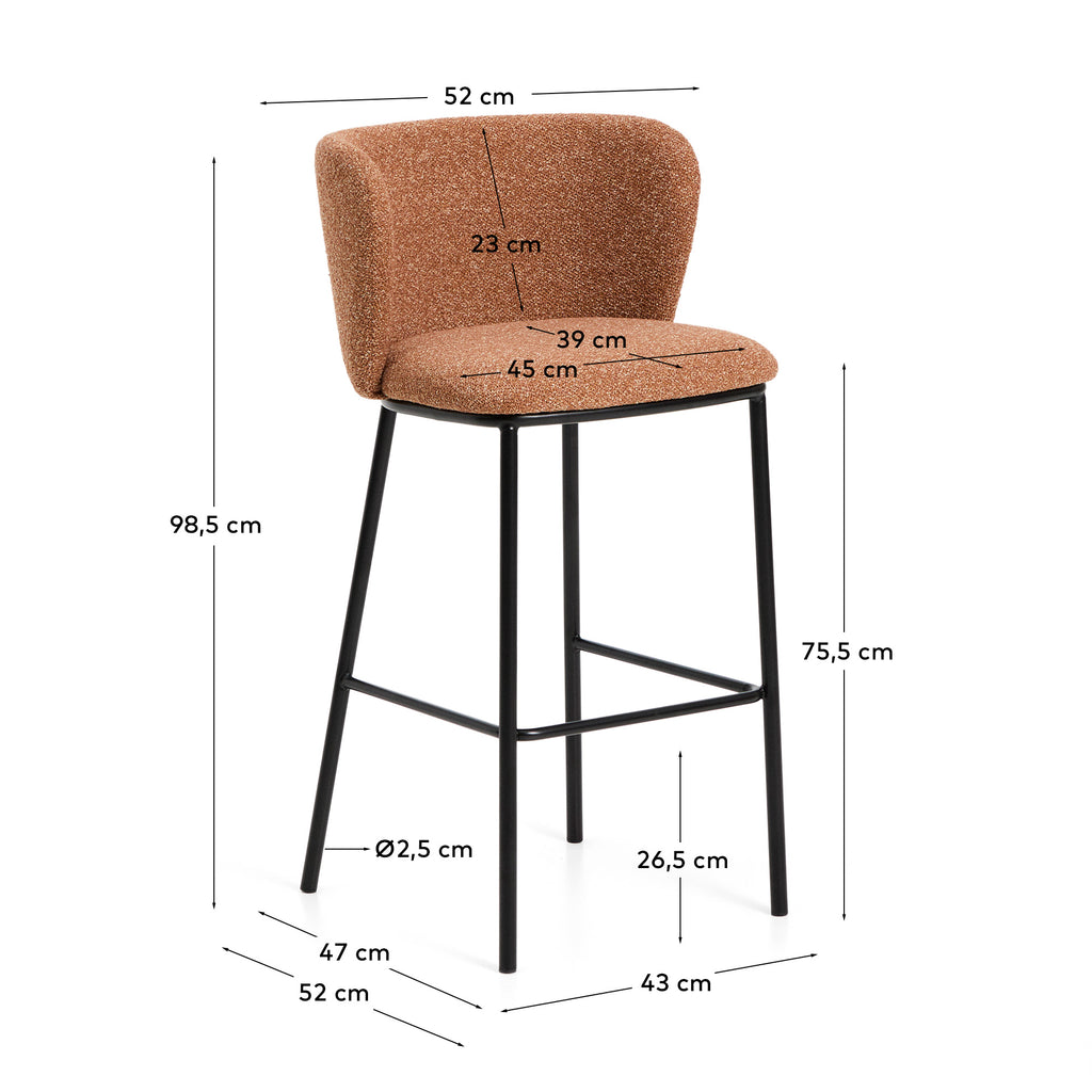 Tabouret Ciselia en chenille épaisse terracotta et pieds en acier avec finition noire FSC Mix Credit 75 cm