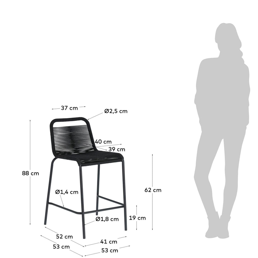Tabouret Lambton en corde noire et acier finition noire hauteur 62 cm