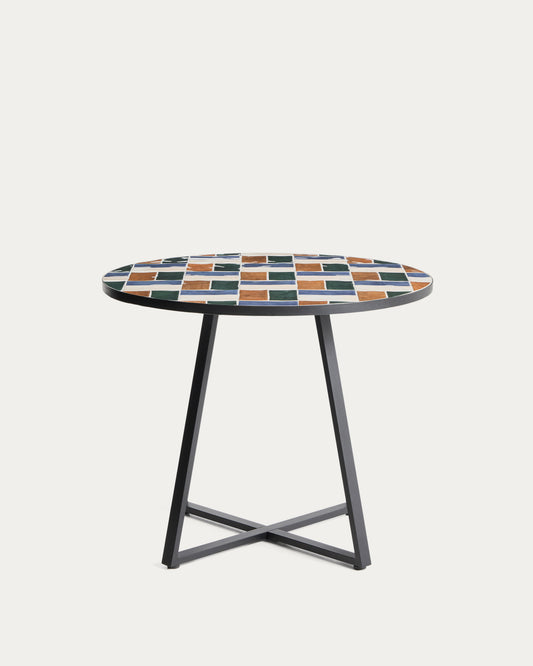 Table ronde Tella en acier galvanisé graphite et carreaux multicolores Ø90 cm