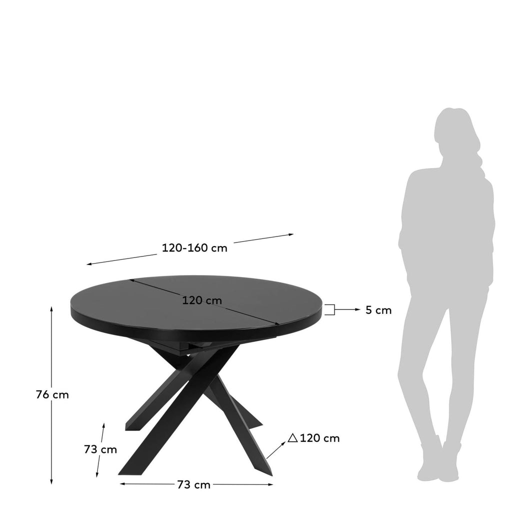 Table ronde extensible Vashti en verre et pieds en acier finition noire Ø 120 (160) cm