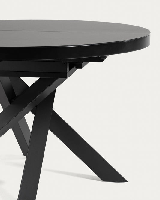 Table ronde extensible Vashti en verre et pieds en acier finition noire Ø 120 (160) cm