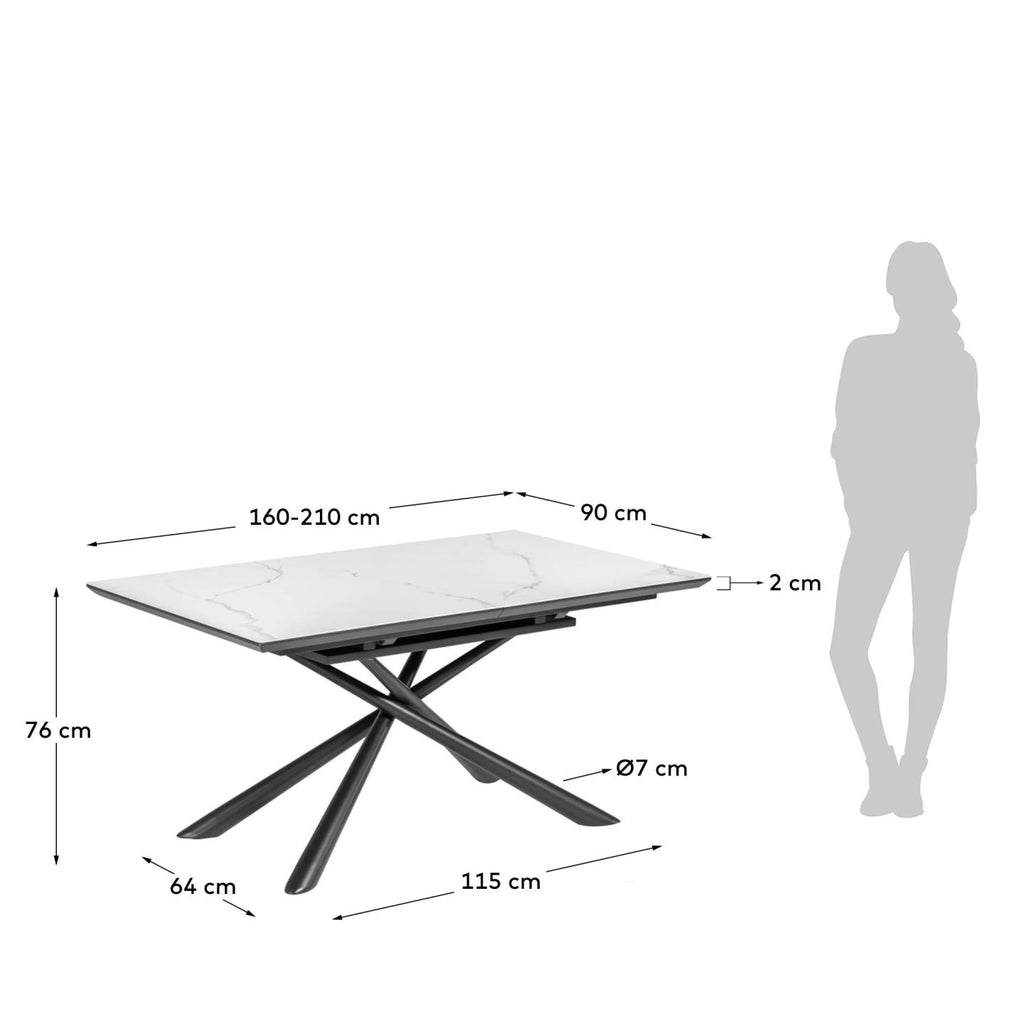 Table extensible Theone en grès cérame blanc et pieds en acier noir 160 (210) x 90 cm