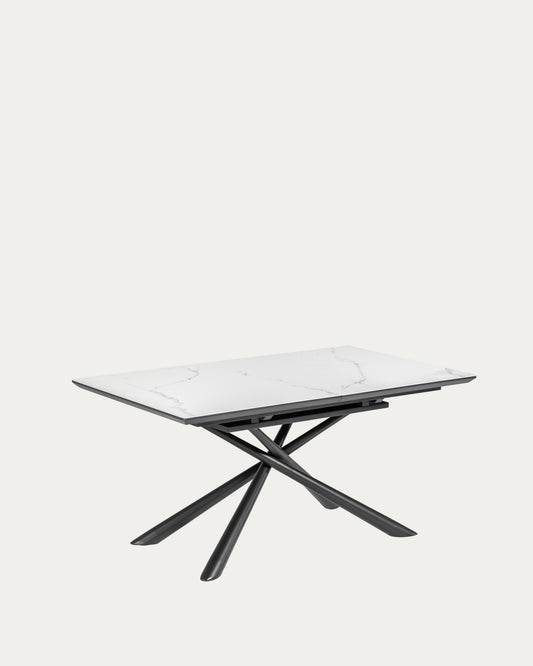 Table extensible Theone en grès cérame blanc et pieds en acier noir 160 (210) x 90 cm