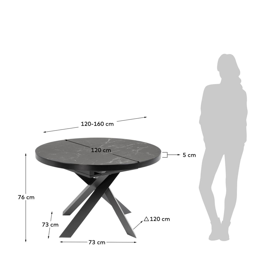Table ronde extensible Vashti Ø 120 (160) cm en grès cérame et pieds en acier noir