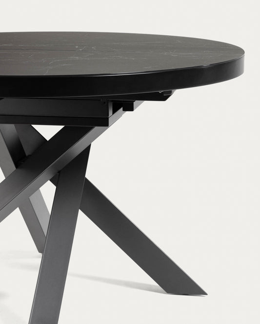 Table ronde extensible Vashti Ø 120 (160) cm en grès cérame et pieds en acier noir