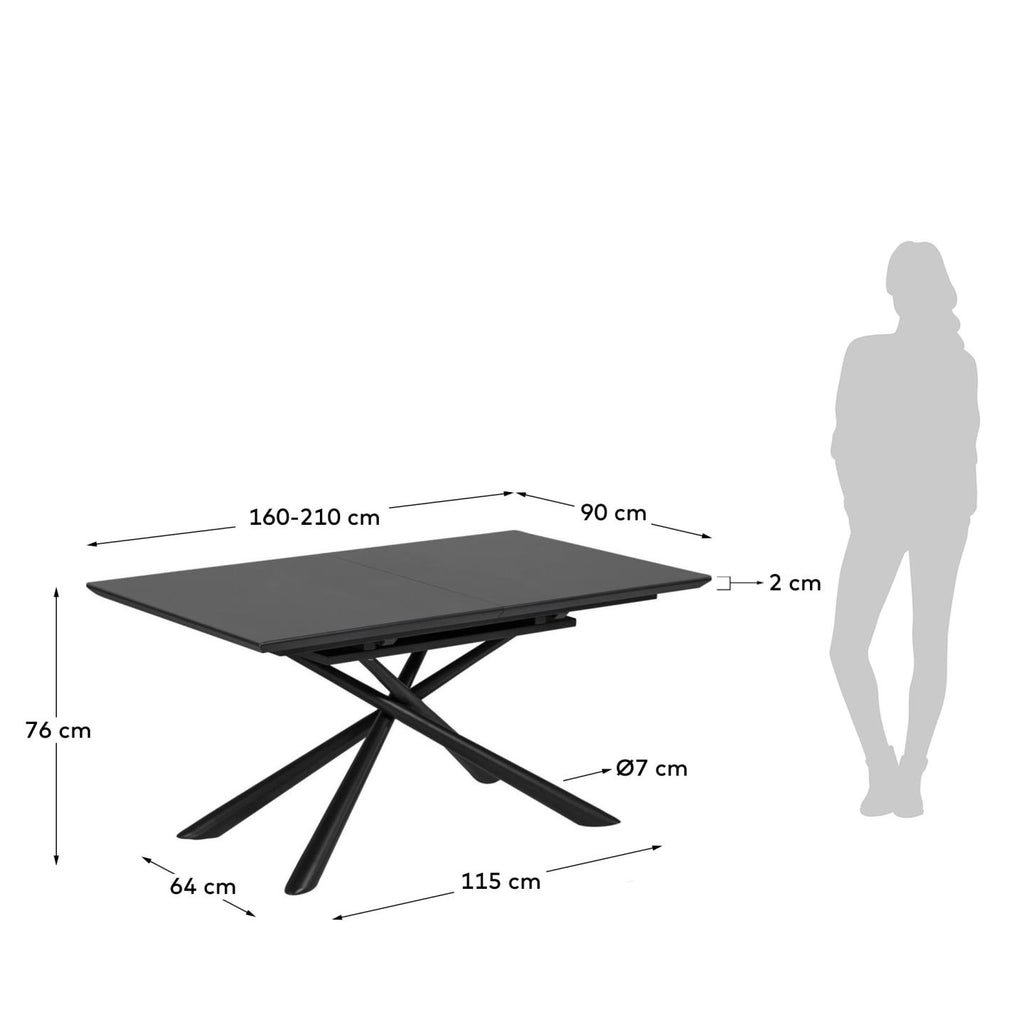 Table extensible Theone en verre et pieds en acier finition noire 160 (210) x 90 cm