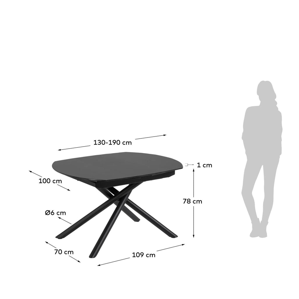Yodalia extendable table in tempered glass with steel legs in a black finish 130(190)x100 cm