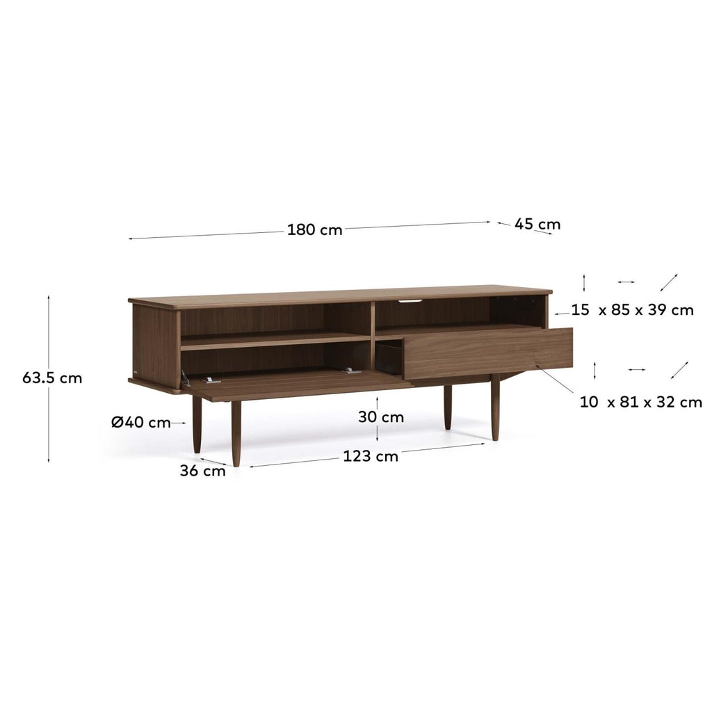 Meuble TV Carolin 1 porte et 1 tiroir placage de noyer 180 x 63,5 cm