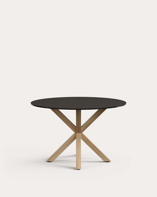 Table ronde Argo en verre noir mat et pieds en acier effet bois Ø 120 cm