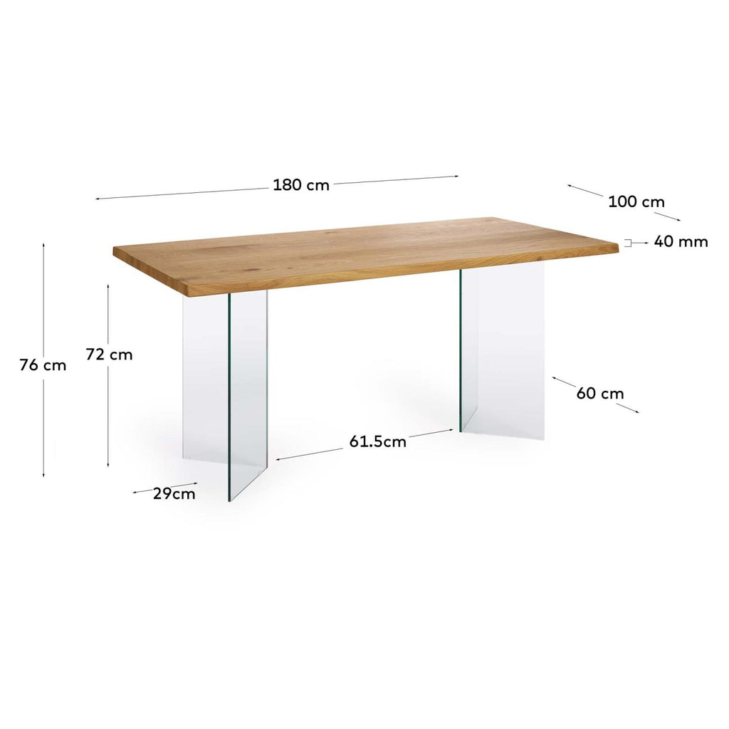 Lotty table in oak veneer with natural finish and glass legs 180 x 100 cm