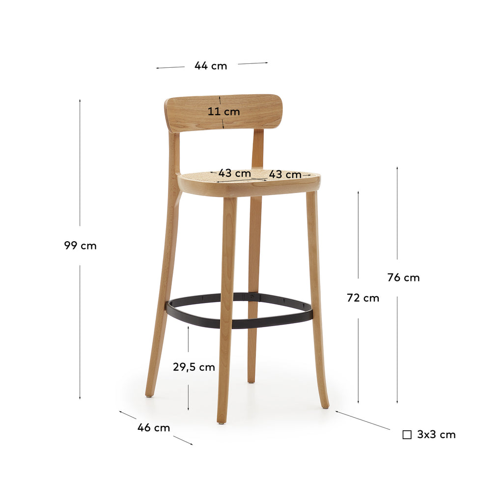 Tabouret Romane bois de hêtre naturel avec placage de frêne et rotin hauteur 75 cm