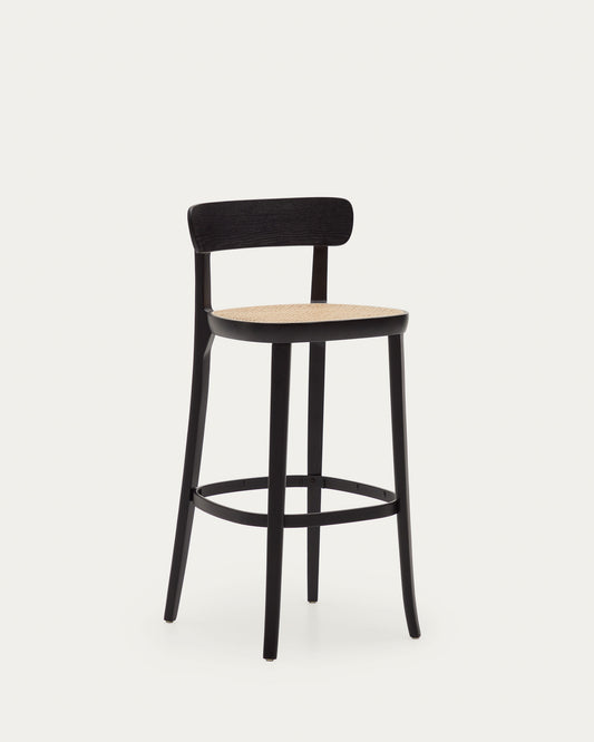 Tabouret Romane en bois de hêtre noir avec placage de frêne et rotin hauteur 75 cm