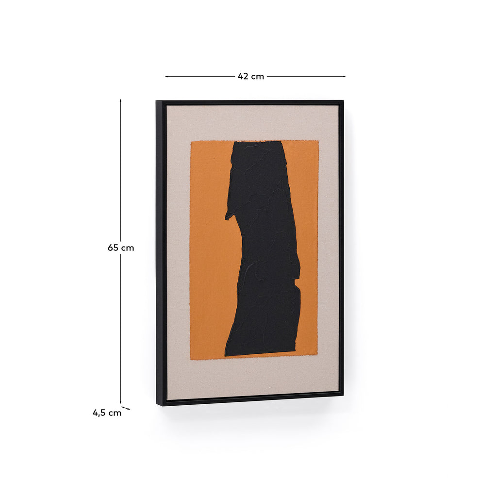 Tableau abstrait Zernu en lin orange et noir peint à la main 42 x 65 cm