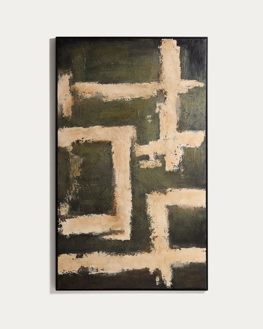Tableau abstrait Emeri peint à la main vert olive et beige 120 x 200 cm