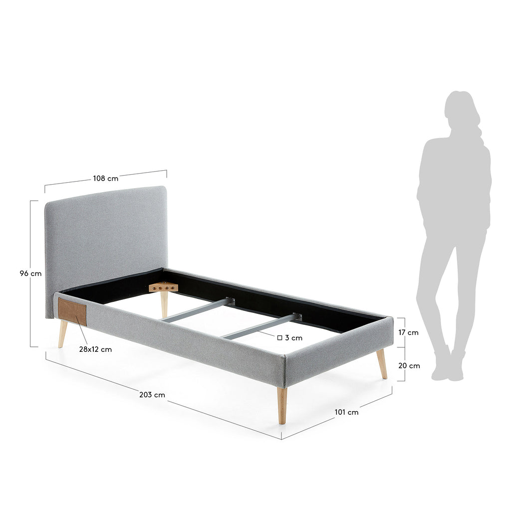 Lit déhoussable Dyla gris clair avec pieds en bois de hêtre pour matelas de 90 x 190 cm