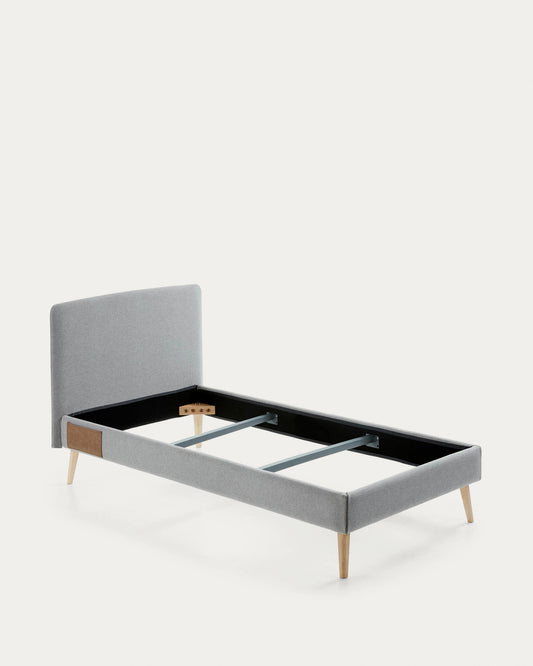 Lit déhoussable Dyla gris clair avec pieds en bois de hêtre pour matelas de 90 x 190 cm