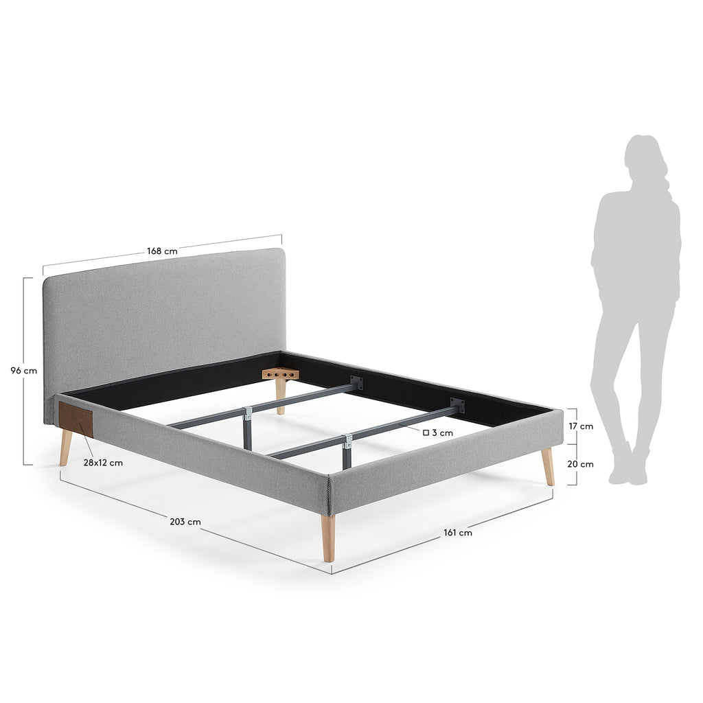 Lit déhoussable Dyla gris avec pieds en bois de hêtre pour matelas de 150 x 190 cm