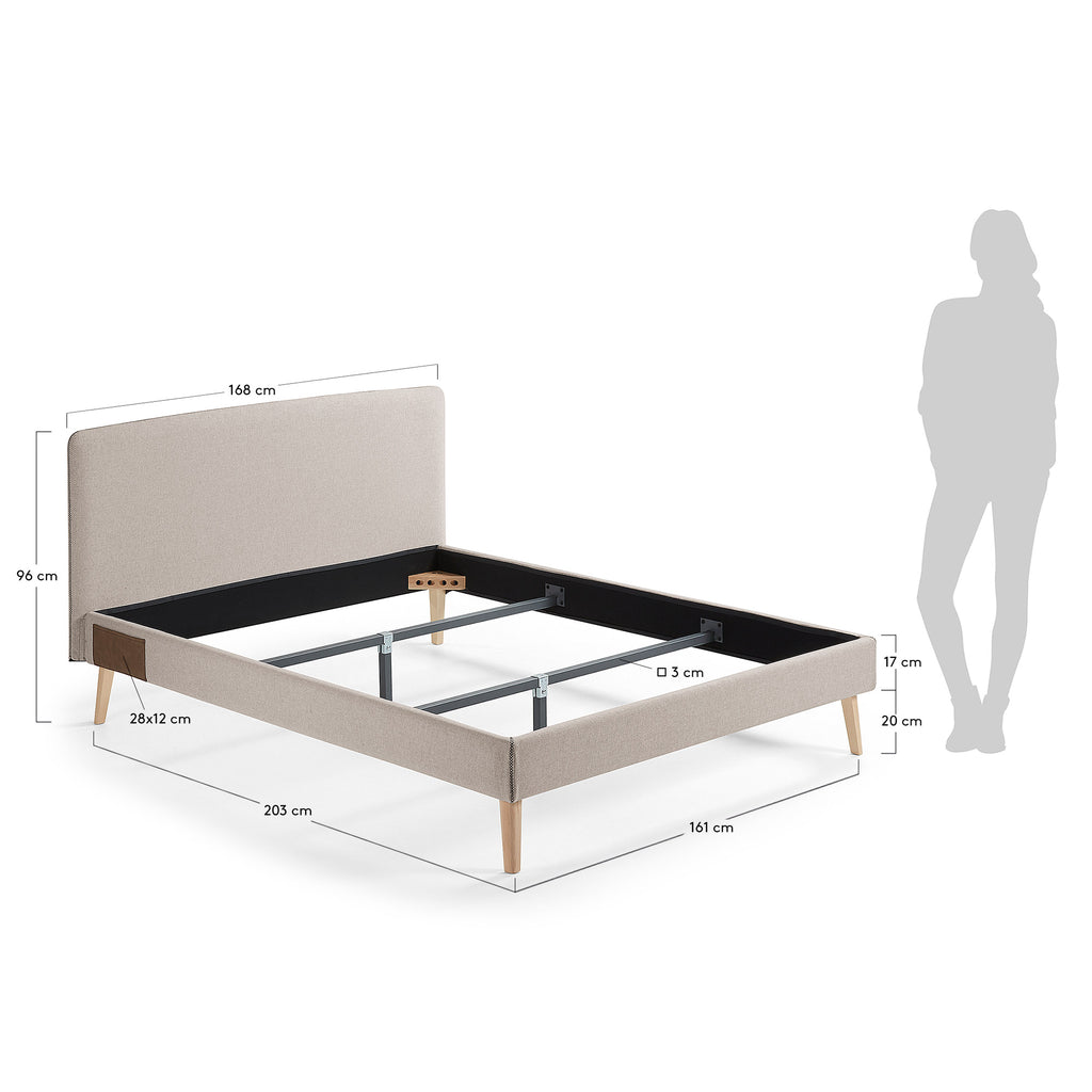 Lit déhoussable Dyla beige avec pieds en bois de hêtre pour matelas de 150 x 190 cm