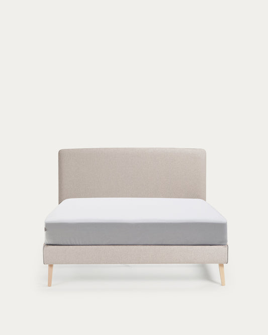 Lit déhoussable Dyla beige avec pieds en bois de hêtre pour matelas de 150 x 190 cm